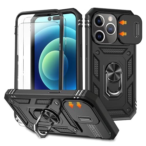 Image of HpulaCase for iphone 11 Pro Max Case with Camera Cover Slider, 2*Screen Protectors,Build in 360°Rotating Ring Kickstand, Military Grade Protective Case for iphone 11 Pro Max 6.5"-Black