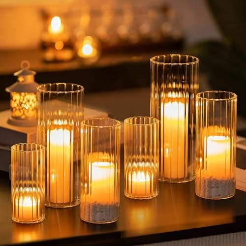 Image of Glasseam Ribbed Glass Candle Holder, Cylinder Candle Holders for Pillar Candles, Clear Hurricane Candle Holder Set of 6, Decorative Floating Candle Vases for Centerpieces Wedding Table Decorations