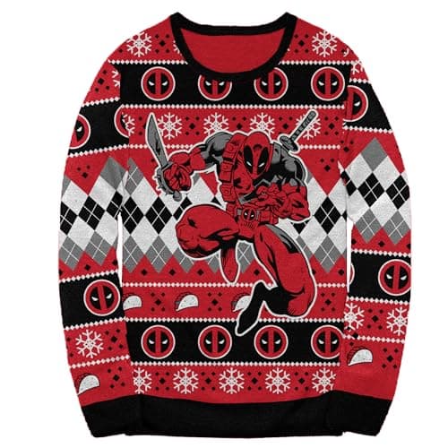 Image of Deadpool Marvel Comics Holiday Christmas Sweater Licensed, Red, S