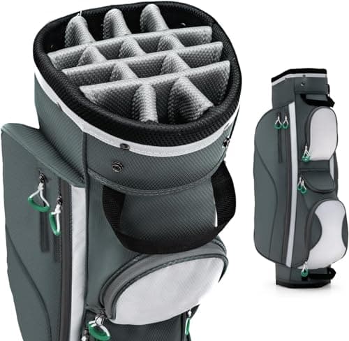 Image of GYMAX Golf Trolley Bag, Lightweight Golf Cart Bag with 14 Way Dividers, 7 Zippered Pockets, Shoulder Strap, Rain Hood, Portable Golf Club Carry Bag (Grey，34 x 29 x 90 cm)