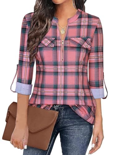 Image of Gemulate Pink Plaid Tops for Women UK Long Sleeve 3/4 Sleeve Checked Shirts with Zips Tunic Tops for Leggings V Neck Polo T Shirts Ladies Fashion Clothes Plaid Pink M