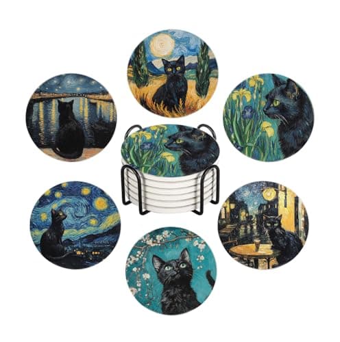 Image of WWOOPLL Drink Coasters Set of 6, Van Gogh Art and Black Cat Absorbent Round Ceramic Stone Mat Coaster, with Cork Base and Metal Holder, Anti-Slip Cork Bottom for Mugs and Glasses