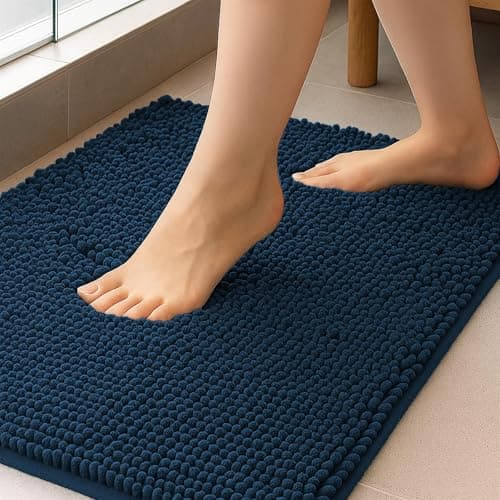 Image of K Collection Luxury Chenille Bath Mat, Extra Soft and Absorbent Shaggy - Non Slip Machine Washable Bathroom Mats – Navy 40x60cm