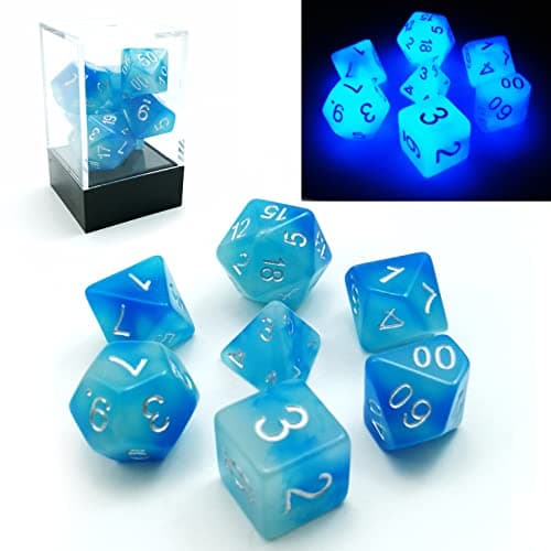 Image of Bescon Gemini Glowing Polyhedral Dice 7pcs Set ICY ROCKS,Luminous RPG Dice Set d4 d6 d8 d10 d12 d20 d%, Brick Box Packaging