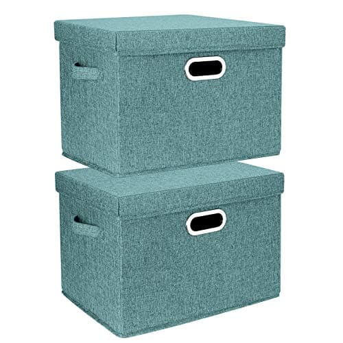 Image of TYEERS Large Storage Box with Lid, Collapsible, Washable, Fabric Storage Box for Clothes, Wardrobe Storage, 44x30x29 cm, Set of 2, Aqua Deep