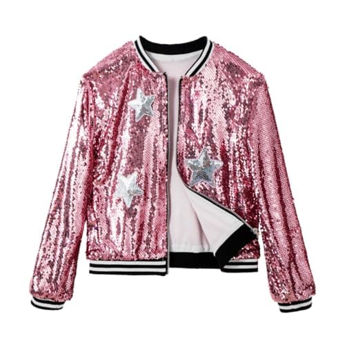 Image of LOLANTA Girls Sequin Bomber Jacket with Pockets Zipper Long Sleeve Sparkle Baseball Jackets, Pink, 5-6 Years, 120