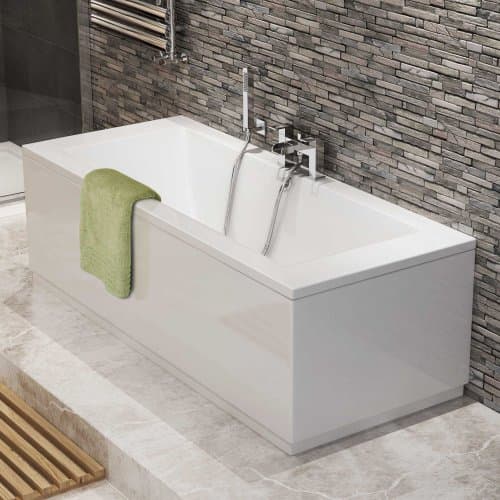 Image of iBathUK Bathroom White Gloss Bath Double Ended Straight Square Acrylic Bathtub with Adjustable Feet - 1700 x 750mm