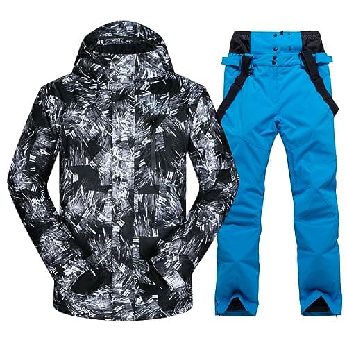 Image of HOTIAN Men's Ski Jacket and Trousers Set Men's Snowsuit Winter Warm Snow Skiing Sets Waterproof Windproof Snowboard Set, Black+Blue, XXL