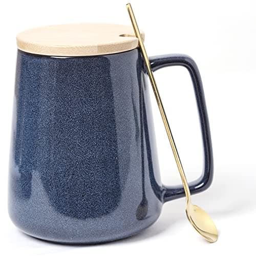 Image of Large Ceramics Coffee Mugs，24 OZ/700ml Extra Large Cups,Matching Lid and Spoon， for Cappuccino, Latte, Hot Cocoa Or Hot Tea -Gift for Birthday/Christmas/Valentine's (24 oz Pure Blue Set)