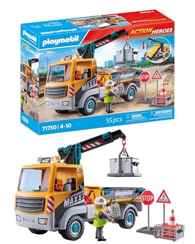 Image of PLAYMOBIL Construction Site Truck with Crane, Yellow Construction Vehicle, 9 Count, 4+ Years, Unisex, 29 cm (W) x 39 cm (L) x 13 cm (H), 71750