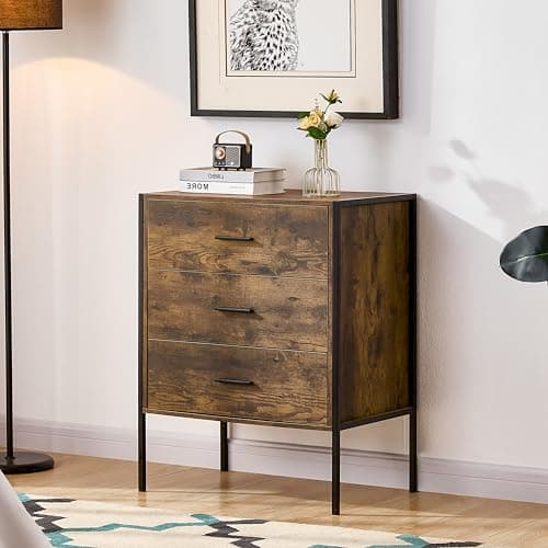 Image of Vida Designs Brooklyn Industrial Chest of Drawer Rustic Bedroom Storage Unit, Cabinet Dresser with Metal Frame (Dark Wood, 3 Drawer)