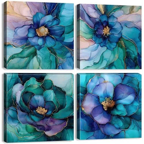 Image of 4Pcs Abstract Flower Canvas Wall Art Teal Floral Canvas Pictures for Living Room Nature Botanical Painting Posters Modern Minimalist Canvas Artwork Decor for Bedroom Bathroom Home Decoration 12x12"