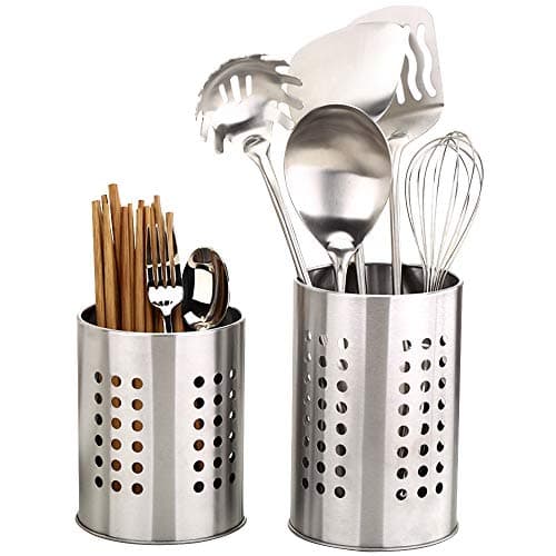 Image of Feelava 2 Pcs Kitchen Stainless Steel Cooking Utensil Holder, Stainless Steel Rust Proof Large Kitchen Utensil Organizer Flatware Caddy for Organize Drawers and Countertops for All Kitchens