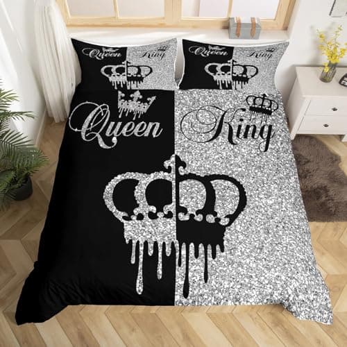 Image of Homemissing Modern Queen and King Crown Duvet Cover Double Size Black and Grey Bedding Set Teens Adults Couple Comforter Cover Set 3 Pieces Girls Boys Valentines Day Gifts Bedding (No Glitter)
