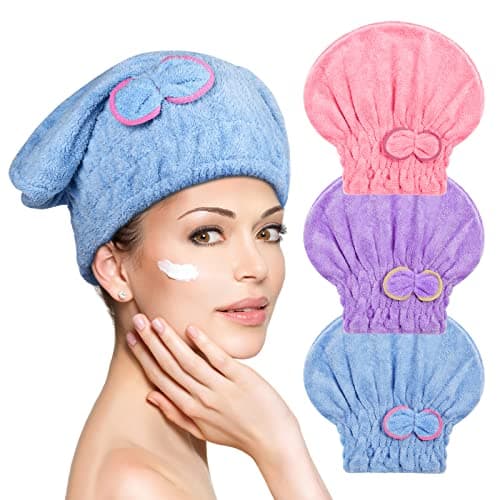 Image of ACWOO Hair Turban Towel, 3 Pack Ultra Absorbent Hair Dry Cap Bowknot Hair Turban Towel, Soft Microfiber Hair Drying Towels Fast Dry Bath Head Wrap for Women, Girls