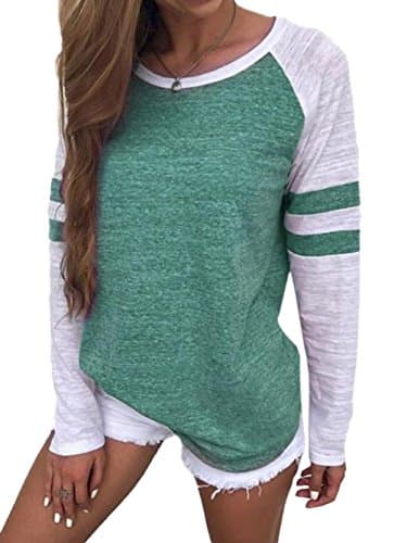 Image of Famulily Women's Long Sleeve Baseball Tee Shirt Crew Neck Colorblock Striped Tops(Green,Medium)