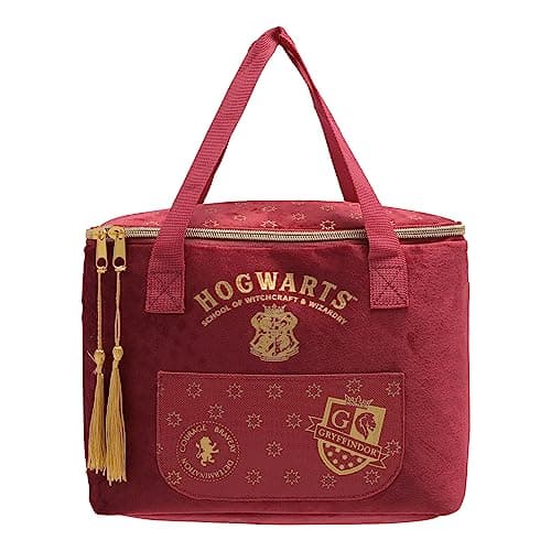 Image of Warner Bros Harry Potter Gryffindor Alumni Lunch Bag – Official Red Velvet Insulated Lunch Tote with Embroidered Hogwarts Crest, Tassel Zippers – School Lunch Box for Kids, Teens & Adult Fans