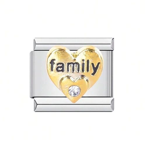 Image of Mon & Sons Family Gold I Love You Heart Charm Silver Italian Link Stainless Steel Bracelet Charm Compatible With 9mm Bracelet