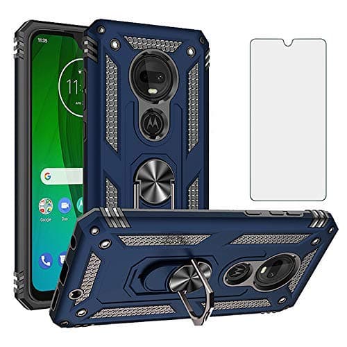 Image of Phone Case for Motorola Moto G7 Plus MotoG7 with Tempered Glass Screen Protector Cover and Magnetic Stand Ring Holder Rugged Hard Shockproof Heavy Duty Accessories MotoG7Plus Moto7 G 7 7G G7Plus Blue
