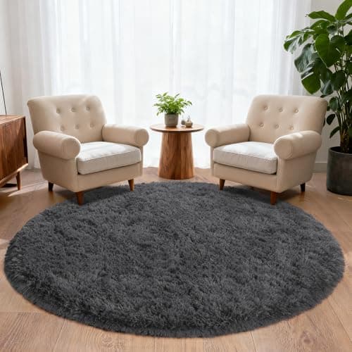 Image of iEvery Large Round Rugs for Living Room 160cm - Fluffy Shaggy Circular Rug for Bedroom, Soft Non Slip High Pile Modern Floor Carpet for Kids Room, Charcoal