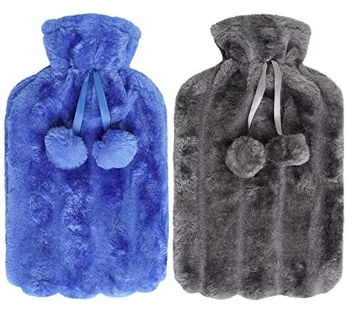 Image of 2 x Hot Water Bottles - Luxury Cosy Faux Fur Fleece Cover with Pom Poms - Natural Rubber 2 Litre Capacity - (Grey and Blue)