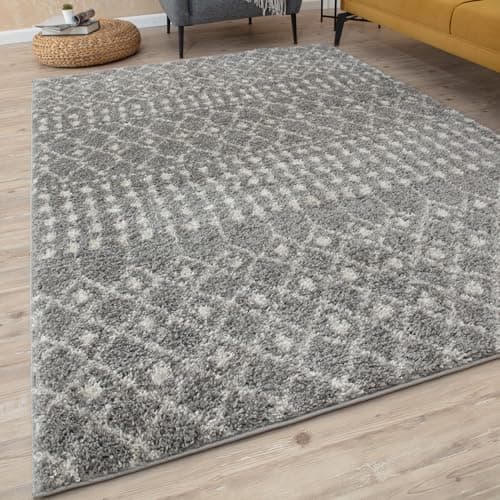 Image of THE RUGS Modern Moroccan Design Living Room and Bedroom Rugs, Non-Shedding & Easy Care (Moroccan Grey/Ivory, 120 cm Square)