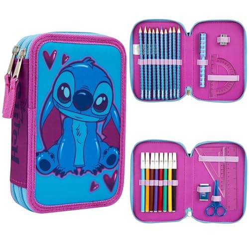 Image of Disney Filled Pencil Case with Stationery for Kids, School Supplies Colouring Pencils, Markers - Gifts for Girls (Blue/Pink Stitch Double Zip)