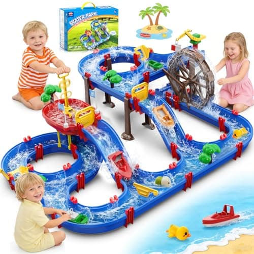 Image of VATOS 2-Tier Watermill Summer Water Table, 124 PCS DIY Water Table with Water Pump Toys for Toddlers 3-5 4-7 Years Old, Fun Water Playset Outdoor Water Toys for Backyard, Beach, Balcony, Garden