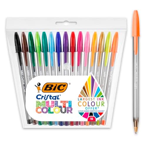Image of BIC Cristal Multicolour Ballpoint Pens With Wide Tip (1.6mm) Pens For Colourful Writing In Assorted Colours, Pack Of 15