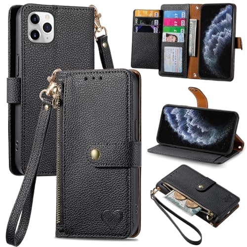 Image of VEEMOS Zipper Wallet Case for Apple iPhone 11 Pro Max Phone Case with Purse Card Holders RFID Blocking Leather Flip Case Book Cover Wrist Strap Women - Black