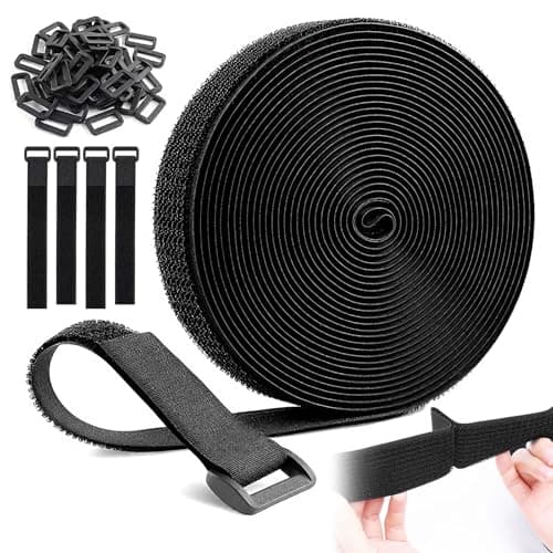 Image of 8m x 2cm Heavy Duty Hook and Loop Straps with 30 Plastic Buckles, Cut-to-Length Reusable Fastening Straps, Cable Ties for Cable Tidy, Wire Management & Cord Organiser