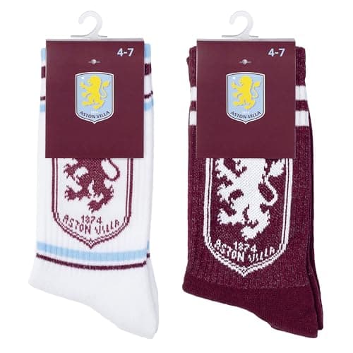 Image of The Gift Scholars Officially Licensed Twin Pack Aston Villa Crest White Sports Socks for Men & Women | Adult Size Sport Villans Fan Merchandise 4-7 (1 White + 1 Claret)