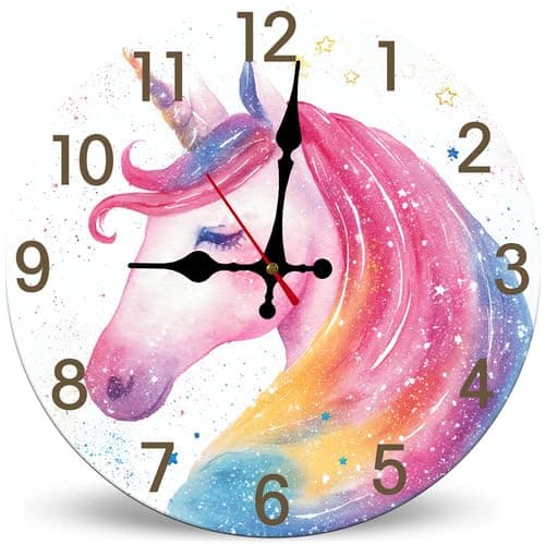 Image of Horienteeon 30cm Magical Rainbow Unicorn Wall Clock for Children, Nursery Wall Decor for Bedroom Playroom, Adorable Cartoon Wall Art, Non-Ticking Battery Clocks, Gift Baby Shower Birthday