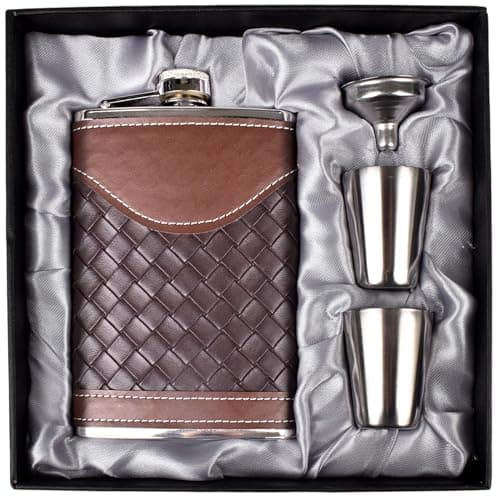 Image of LHD HOME Hip Flasks for Men 8oz Leather Flask Gift Set,304 Stainless Steel Flask Set w/Funnel Shot Glasses Lovely Gift for Whiskey Rum Groomsman Best Man Usher Wedding Camping-Leather Stripe Black8oz