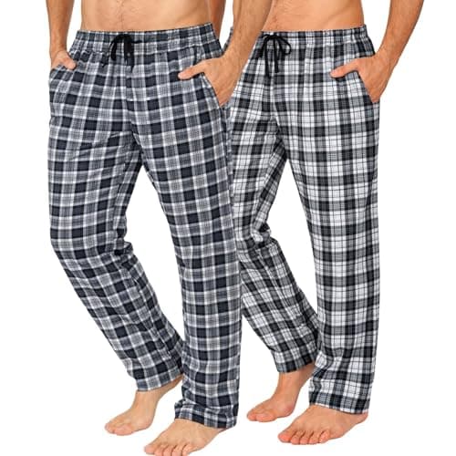 Image of Men's Long Lounge Wear Pants Nightwear (Two Pack) Pyjama Bottoms Sleepwear (Black/Grey Check, Large)