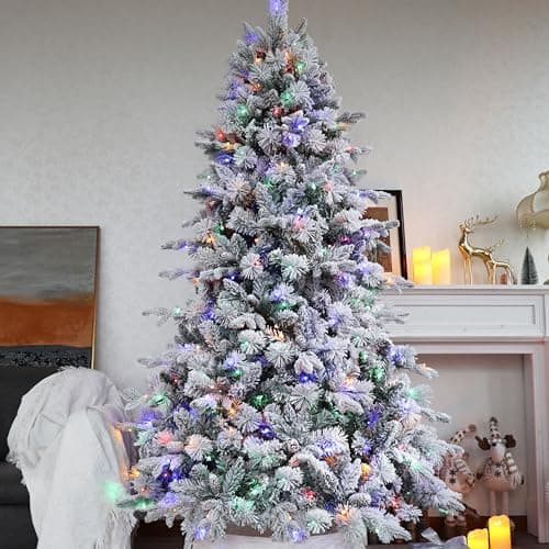 Image of Asinse 5ft/150cm Pre-Lit Christmas Tree, White Snow Flocked Premium Artificial Spruce with 220 Multicolor LED Lights, PE+PVC+Pine Needles, Pine Cones, Hinged Branches, Metal Stand