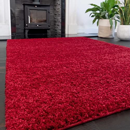 Image of Dark Red Shaggy Lounge Living Room Rug Modern Wine Soft Plain Fluffy Bedroom Carpets Hallway Children's Mat Area Rugs 111cm x 161cm