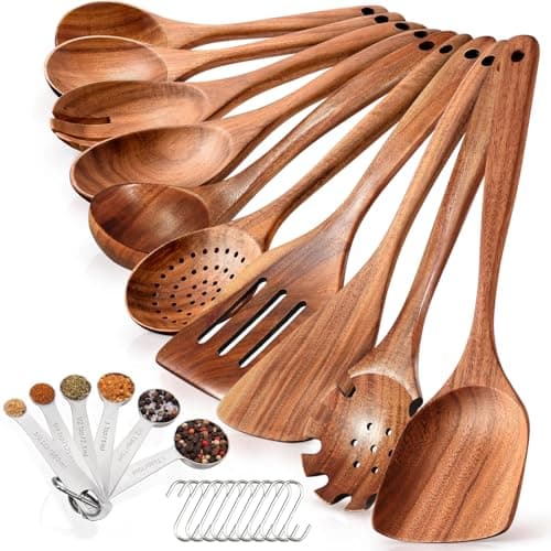 Image of Teak Wooden Spoons for Cooking, 10PCS Cooking Utensils Set Include Slotted Spoon, Spatula, Salad Spoon, etc, with 6 Full Measuring Spoon Set, 10 Hooks, Suitable for The Kitchen Dining Room