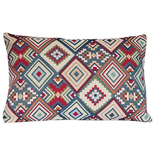 Image of Linen Loft Geometric Tapestry Double Sided XL Rectangular Cushion Cover. Multicoloured Red Blue Green Yellow Triangular Aztec Patten. 23"x15" Rectangle Pillow Case. Kilim Style Fabric