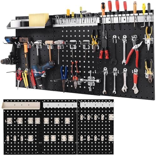 Image of TANGZON Pegboard Wall Organizer Kit, Wall-Mounted Metal Tool Rack Organizer, Multifunctional Perforated Tool Storage Holder for DIY Garage Workshop (with 3 Pegboards & 28 Hanging Accessories, Black)