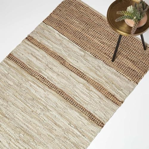 Image of HOMESCAPES Brown Genuine Leather Rug Handwoven Stripe Design Recycled Eco Friendly Real Leather Rug, 120 x 170 cm