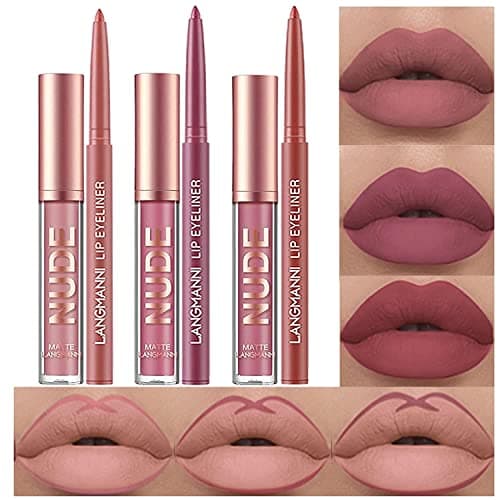 Image of 6Pcs Matte Liquid Lipstick Lip Liner Set, Velvety Nude Lipgloss Waterproof Non-Stick Cup Not Fade Liquid Lipstick Lipliner Make Up Gift Set (Set C)