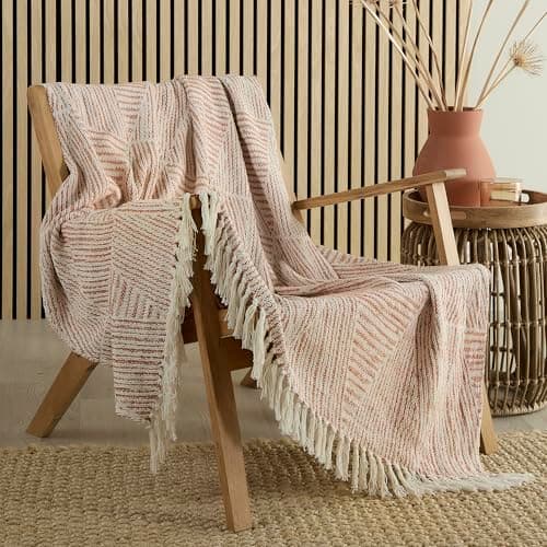 Image of Appletree Terracotta Geometric Throw 180 x 130cm – 100% Cotton – Textured Knit Blanket with Tassels – Orange Sofa Throw – Woven Decorative Blanket for Bed, Chair & Living Room