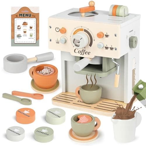 Image of Dreamon Wooden Coffee Machine Toy, Kitchen Role Play Toys for 3 4 5 Years Olds, Pretend Play Kitchen 15 PCS Accessories, Role Play Toys and Gift for 3 4 5 Years Olds Girls Boys