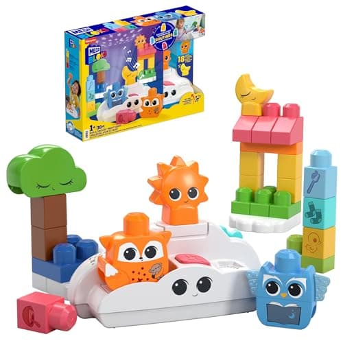 Image of MEGA BLOKS Fisher-Price Toddler Building Blocks Toy, Rise & Snooze Night Light with 30 Pieces, Sound and Light Effects, Star Projector, Ages 1+ Years, HTH43