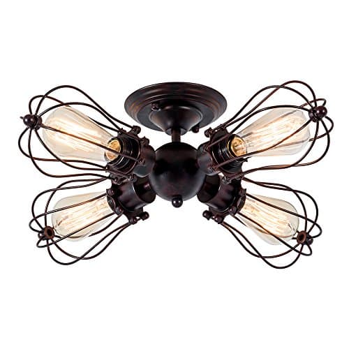 Image of LULING Vintage Ceiling Light Industrial, Chandeliers E27 Socket Metal Wire Cage Lamp Semi-Flush Mount Rustic Ceiling Light Metal Lamp Fixtures (No Bulb) (with 4 Light) (Rust)