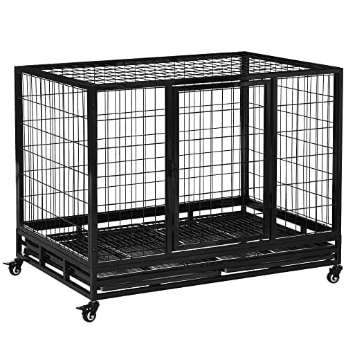 Image of PawHut 43" Heavy Duty Metal Dog Kennel Pet Cage with Crate Tray and Wheels - Black (Large)