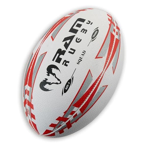 Image of Ram Rugby Squad Trainer Rugby Ball (Size 5) Club Quality Rugby Training Ball. Hand stitched, 3 ply, 3-D Grip for ultimate Passing & Catching Control – Suitable for Adults, Kids & Children