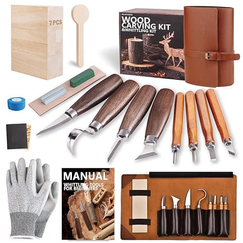 Image of Wood Carving Kit Woodworking Chisel: Bluvizo Professional Whittling Craft Set, 25 Pcs Deluxe Hand Tool Kit with Luxury PU Leather Case, Gift for Beginners Adults Kids DIY Fun