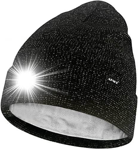 Image of ATNKE LED Lighted Beanie Hat,USB Rechargeable 4 LED Running Headlamp Ultra Bright Cap with Light Hands Free Head Torch Winter Warm Lined Fleece Knit Beany Gifts for Men and Women/Black Goldwire